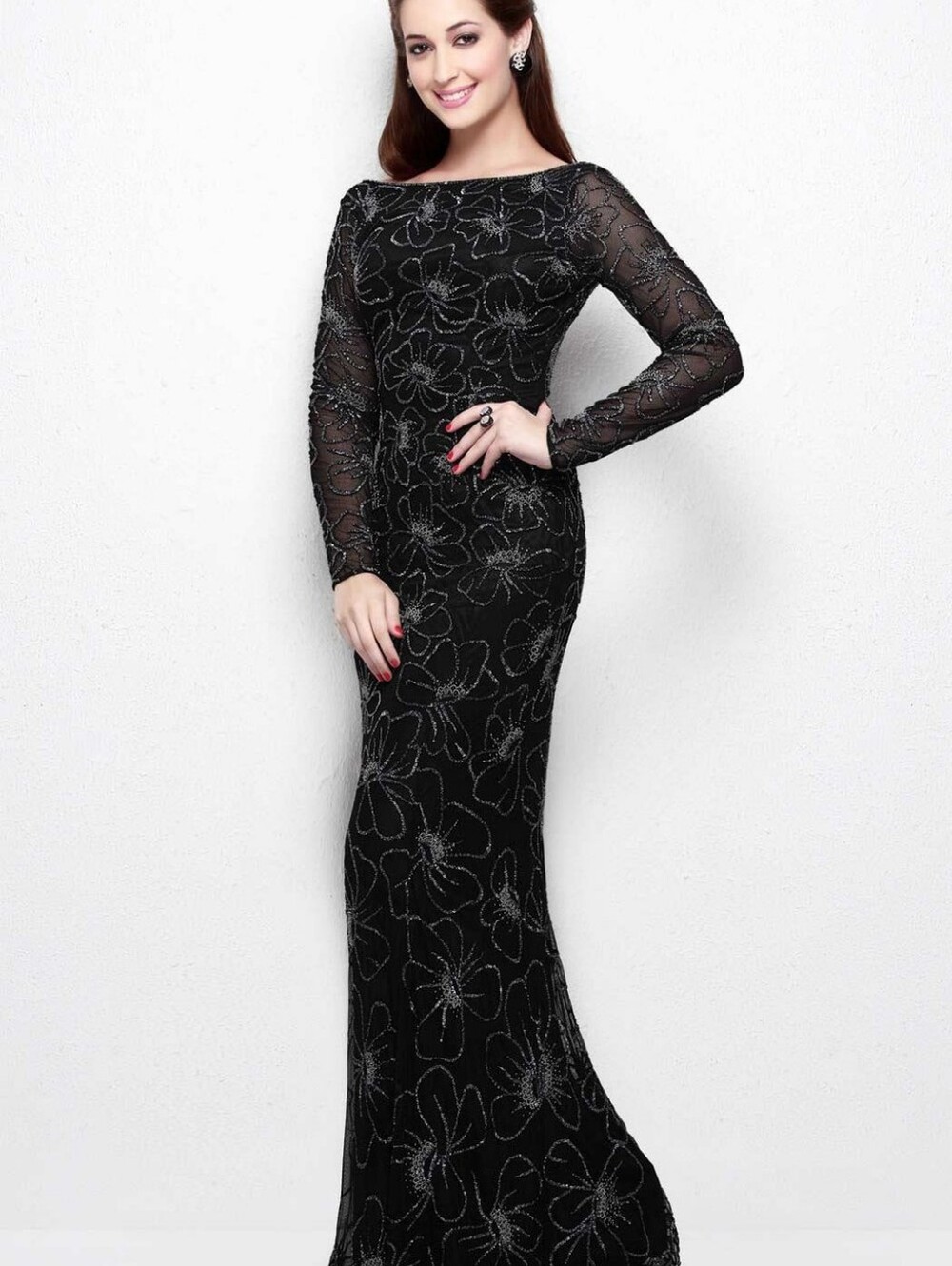 Primavera Dress Elegant Black Beaded Long Sleeve Evening Gown
